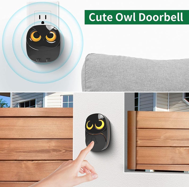 HTZSAFE Wireless Doorbell, Cute Owl Doorbell Weatherproof IP55 Outdoor Remote Push Button- 1000 feet Long Wireless Range- 35 Classic Melodies Optional,5 Volume Levels & LED Flash-2Receivers+1Transmitter,Black - Image 2