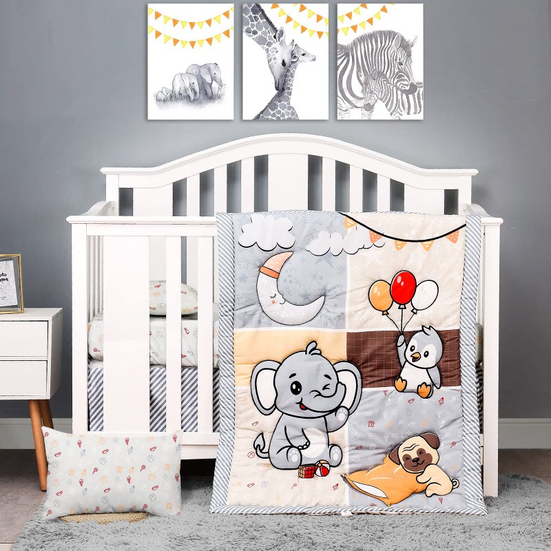 JISEN مجموعة سرير الأطفال 3 قطع من جيسن، لحاف سرير الأطفال، ملاءة سرير الأطفال، غطاء وسادة ناعم من الألياف الدقيقة، مجموعة مطبوعة ل nursery للأطفال الأولاد أو البنات لحفلة حديقة الحيوان