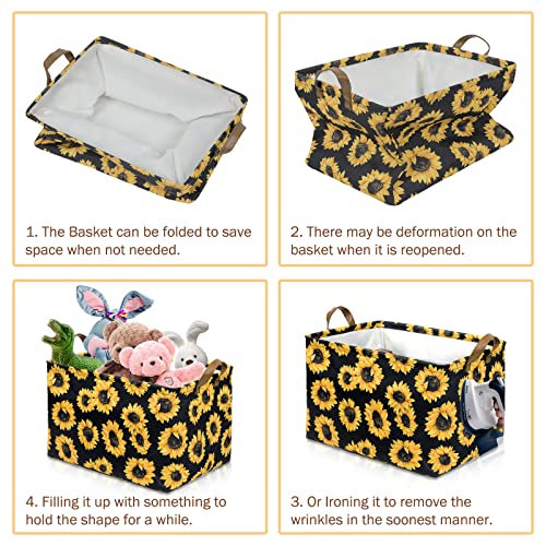 Funnewban Sunflowers Storage Bin Basket Collapsible with Leather Handles Waterproof Canvas Storage Cube Box for Closet Toys Clothes Nursery Room Gift Basket - Image 4