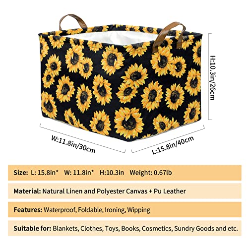 Funnewban Sunflowers Storage Bin Basket Collapsible with Leather Handles Waterproof Canvas Storage Cube Box for Closet Toys Clothes Nursery Room Gift Basket - Image 2