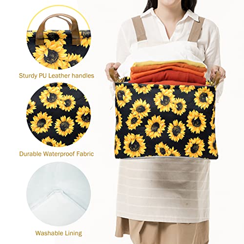 Funnewban Sunflowers Storage Bin Basket Collapsible with Leather Handles Waterproof Canvas Storage Cube Box for Closet Toys Clothes Nursery Room Gift Basket - Image 3