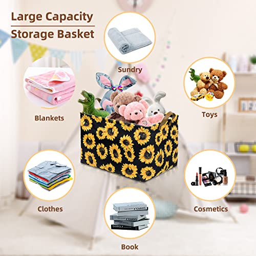 Funnewban Sunflowers Storage Bin Basket Collapsible with Leather Handles Waterproof Canvas Storage Cube Box for Closet Toys Clothes Nursery Room Gift Basket - Image 5