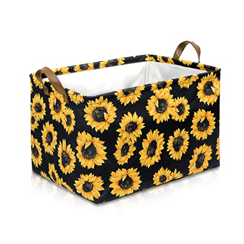 Funnewban Sunflowers Storage Bin Basket Collapsible with Leather Handles Waterproof Canvas Storage Cube Box for Closet Toys Clothes Nursery Room Gift Basket - Image 1
