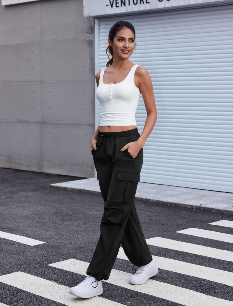 COPYLEAF Cargo Pants Women Elastic Waisted Parachute Hiking Pants with Pockets Water Resistant Lightweight Baggy Pants(Black L) - Image 4