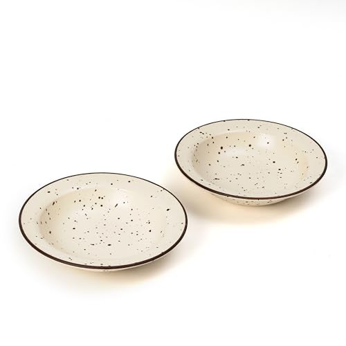 Beyond Homes Ceramic Pasta Plates Shallow, 18cm, Set of 2 | Matte Finish Ceramic Pasta Bowl | Flat Stoneware Pasta & Maggie Bowl | Chip-Resistant | Microwave Safe (2, Off-White Spotted) - Image 1