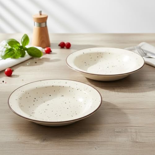 Beyond Homes Ceramic Pasta Plates Shallow, 18cm, Set of 2 | Matte Finish Ceramic Pasta Bowl | Flat Stoneware Pasta & Maggie Bowl | Chip-Resistant | Microwave Safe (2, Off-White Spotted) - Image 2