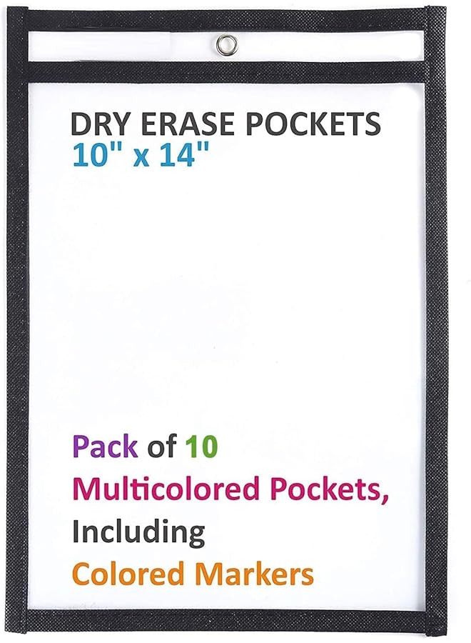 erorex Qiven Dry Erase Pockets Reusable Plastic Sleeves Waterproof Dry Erase Sheet Protectors Teaching Supplies For Classroom School Office Home Mixed Colors 10X14 Inches 10 Pack - Image 2