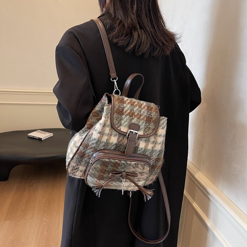 2025 Niche Women'S Bag Contrast Color Woolen Backpack Korean-Style Instagram Popular Fashionable Casual Tote Bag Portable Small Bag - Image 4