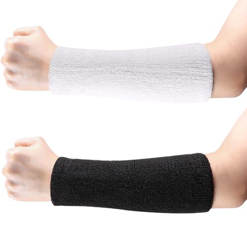 MSHUNKEJI 2 Pcs 9 Inch Extra Long Wristbands Sweatbands White Wrist Sweatbands Bulk Sweat Bands Wristbands Black for Men Women Weight Loss Gymnastics Events Football Workout - Image 1