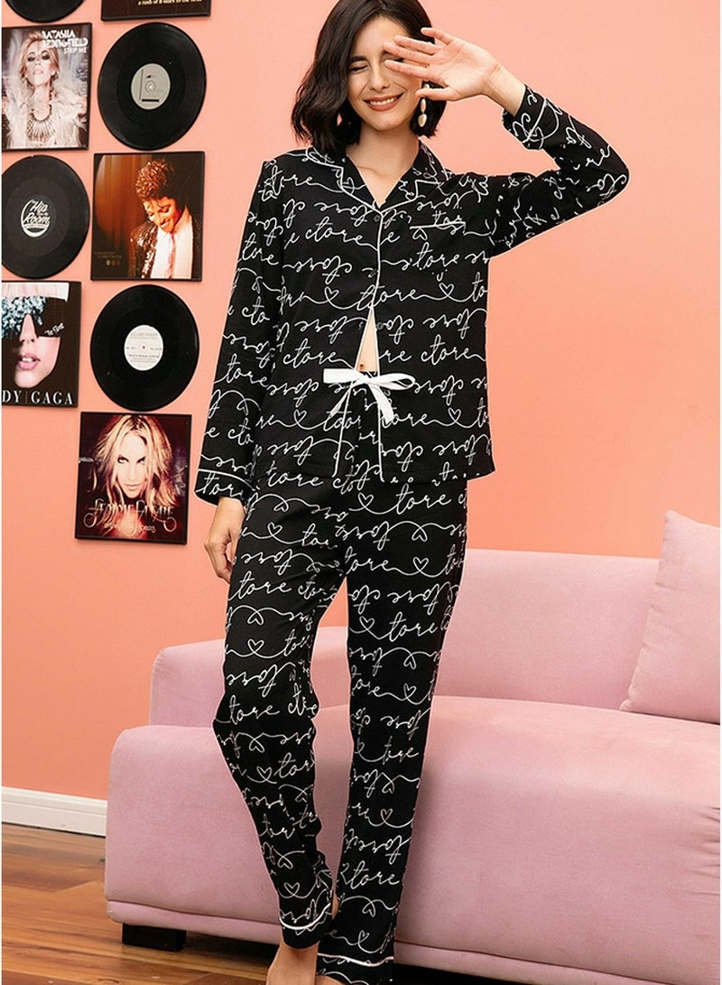 Loquat Women's Printed Loose 2-Piece Set Pajamas Long Sleeve top And Pants Soft Loungewear Nightgown Suit Leisure Wear Black - Image 1