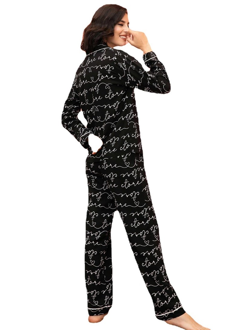 Loquat Women's Printed Loose 2-Piece Set Pajamas Long Sleeve top And Pants Soft Loungewear Nightgown Suit Leisure Wear Black - Image 3