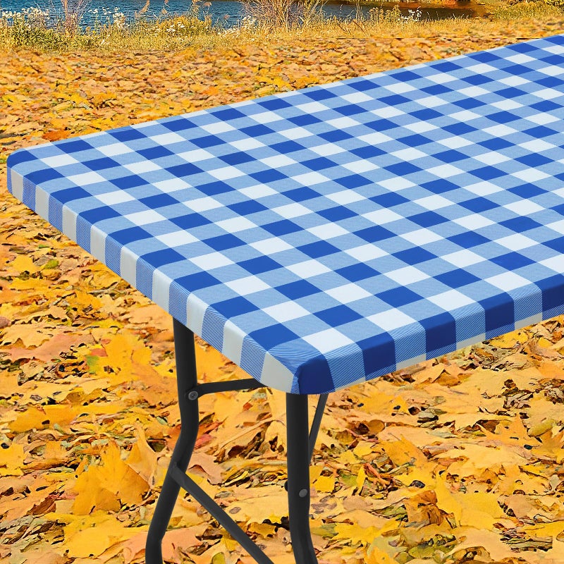 Smiry Rectangle Picnic Table Cloth Elastic Waterproof Fitted Vinyl Tablecloths Flannel Backed Buffalo Plaid Table Covers for Dining Camping Outdoor White and Blue 30 x 72
