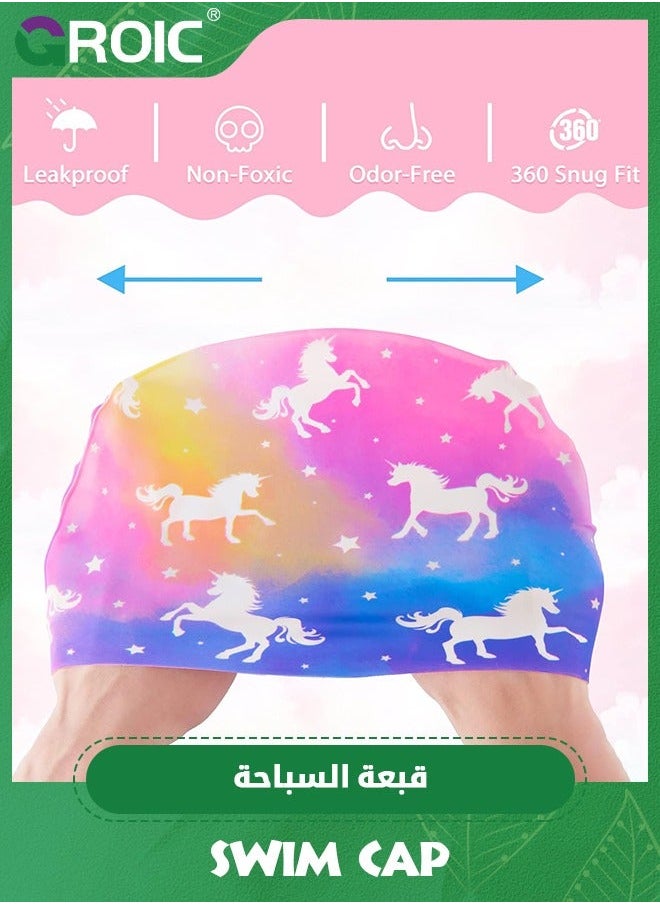 GROIC 2 Pack Kids Swim Cap Durable Silicone Caps for Boys Girls Toddler Waterproof Bathing Pool Swimming Comfortable Mermaid Unicorn Hats Long and Short Hair  - Image 3