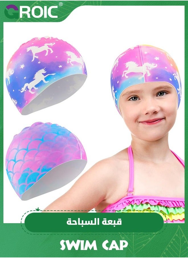 GROIC 2 Pack Kids Swim Cap Durable Silicone Caps for Boys Girls Toddler Waterproof Bathing Pool Swimming Comfortable Mermaid Unicorn Hats Long and Short Hair  - Image 1
