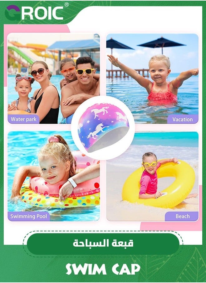 GROIC - 2 Pack Kids Swim Cap Durable Silicone Caps for Boys Girls Toddler Waterproof Bathing Pool Swimming Comfortable Mermaid Unicorn Hats Long and Short Hair - Image 1