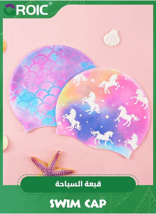 GROIC 2 Pack Kids Swim Cap Durable Silicone Caps for Boys Girls Toddler Waterproof Bathing Pool Swimming Comfortable Mermaid Unicorn Hats Long and Short Hair  - Image 5