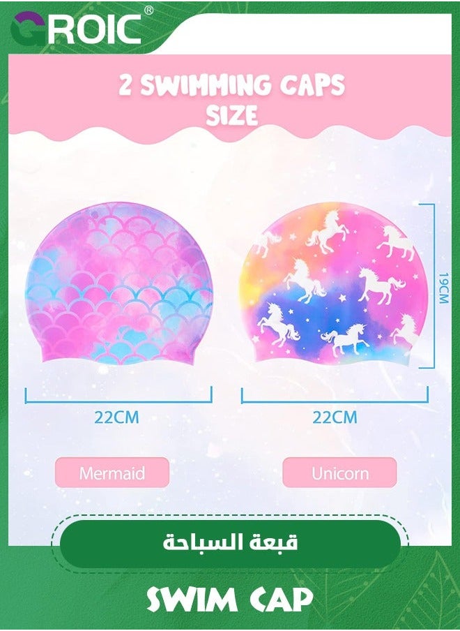 GROIC 2 Pack Kids Swim Cap Durable Silicone Caps for Boys Girls Toddler Waterproof Bathing Pool Swimming Comfortable Mermaid Unicorn Hats Long and Short Hair  - Image 2