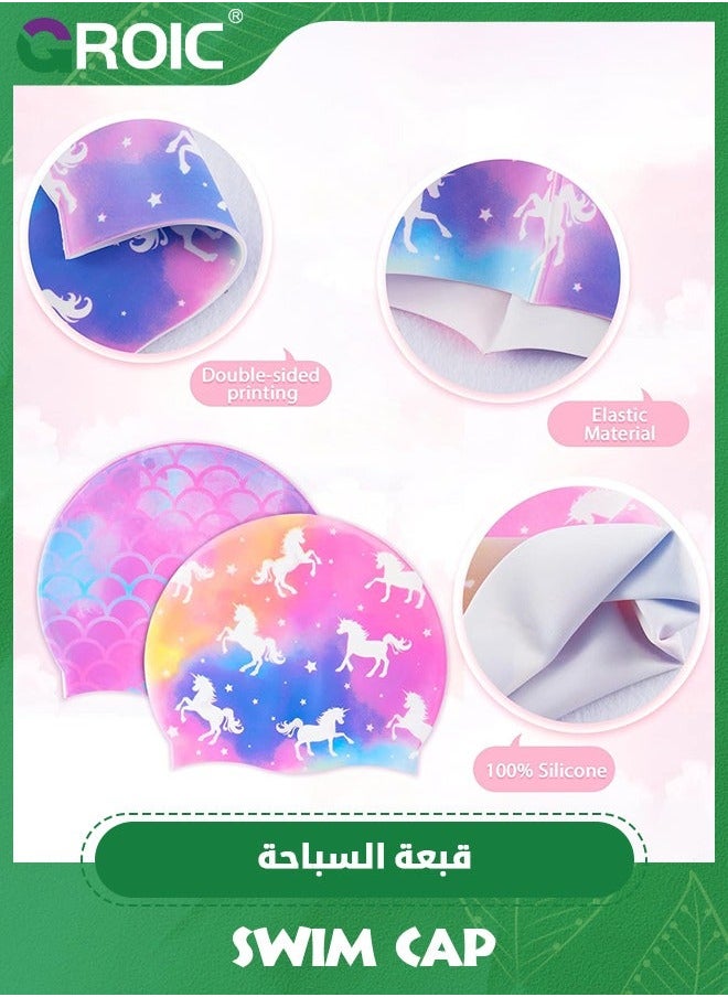 GROIC 2 Pack Kids Swim Cap Durable Silicone Caps for Boys Girls Toddler Waterproof Bathing Pool Swimming Comfortable Mermaid Unicorn Hats Long and Short Hair  - Image 4