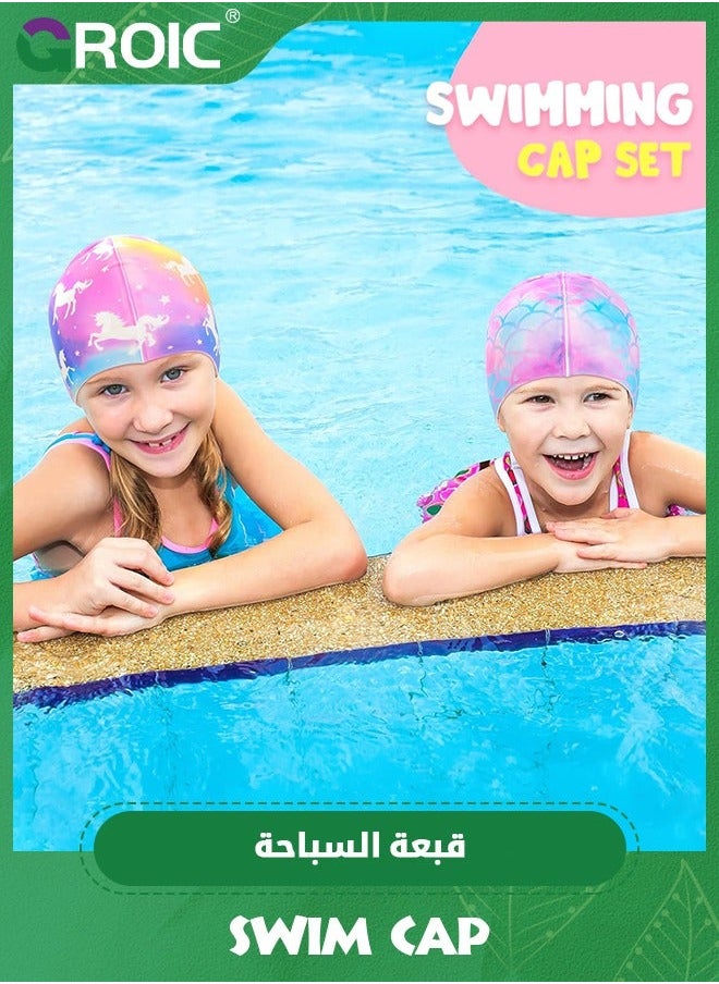 GROIC - 2 Pack Kids Swim Cap Durable Silicone Caps for Boys Girls Toddler Waterproof Bathing Pool Swimming Comfortable Mermaid Unicorn Hats Long and Short Hair - Image 1