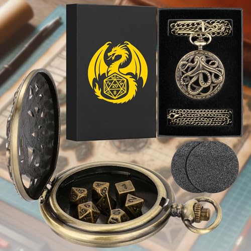 Keller & Weber Mini DND Dice Set Steampunk Hollow Octopus Pocket Watch Shell Case 7pcs Polyhedral Metal DD Dice Set DND Gifts with Gift Box for Player Role Playing Board Games Accessories Bronze - Image 5