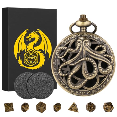 Keller & Weber Mini DND Dice Set Steampunk Hollow Octopus Pocket Watch Shell Case 7pcs Polyhedral Metal DD Dice Set DND Gifts with Gift Box for Player Role Playing Board Games Accessories Bronze - Image 1