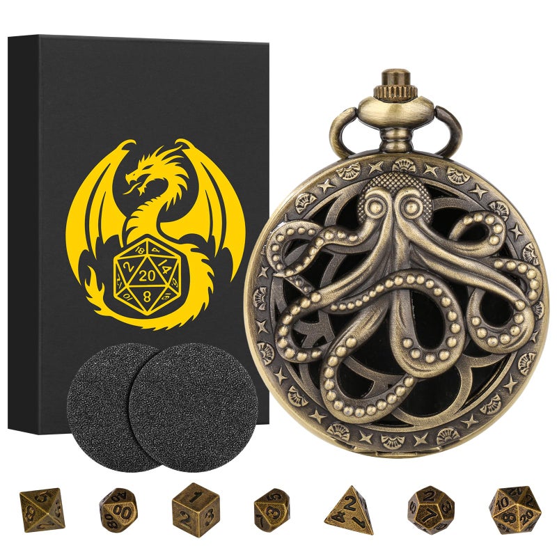 Keller & Weber Mini DND Dice Set Steampunk Hollow Octopus Pocket Watch Shell Case 7pcs Polyhedral Metal DD Dice Set DND Gifts with Gift Box for Player Role Playing Board Games Accessories Bronze - Image 3