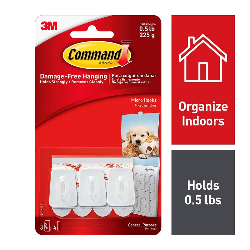 Command Command Micro Plastic Multifunctional Self Adhesive Plastic Hooks for Walls Pack of 3 Hooks 4 str - Image 2