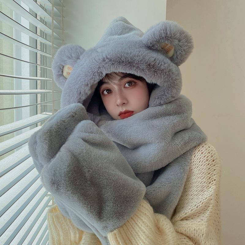 Plush Bear Hat Scarf Gloves 3-Piece Set Gray blue [thickened version]]