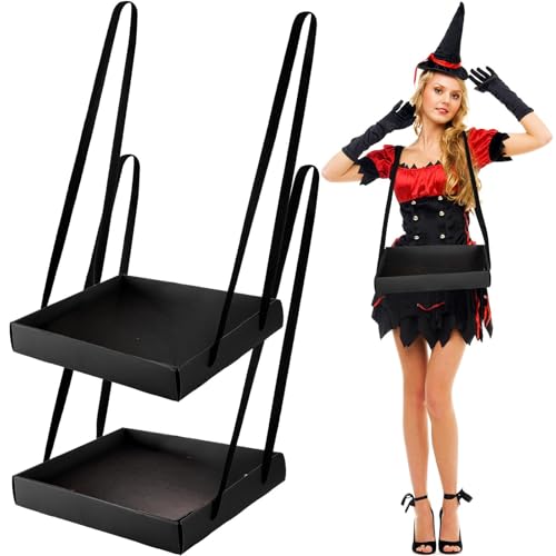 Junkin 2 Pcs Wearable Party Tray Snack and Beverage Carrier Foldable Drink Carriers Drink Holder Movie Snack Trays with Strap Halloween Costume Accessory Prop with 4 Ribbons, 2 x 11 x 13 Inches (Black) - Image 1