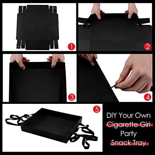 Junkin 2 Pcs Wearable Party Tray Snack and Beverage Carrier Foldable Drink Carriers Drink Holder Movie Snack Trays with Strap Halloween Costume Accessory Prop with 4 Ribbons, 2 x 11 x 13 Inches (Black) - Image 3