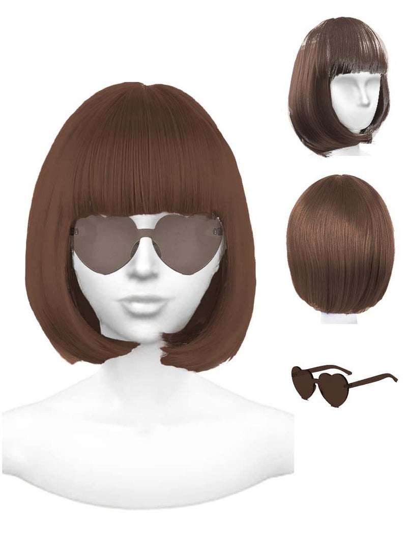 KASTWAVE Featured Wigs with Party Sunglasses, Makeup Party Kit, Color Bob Wig, Cosplay Wigs and Party Wigs, Party Wigs Decorations Favors (Brown) - Image 1