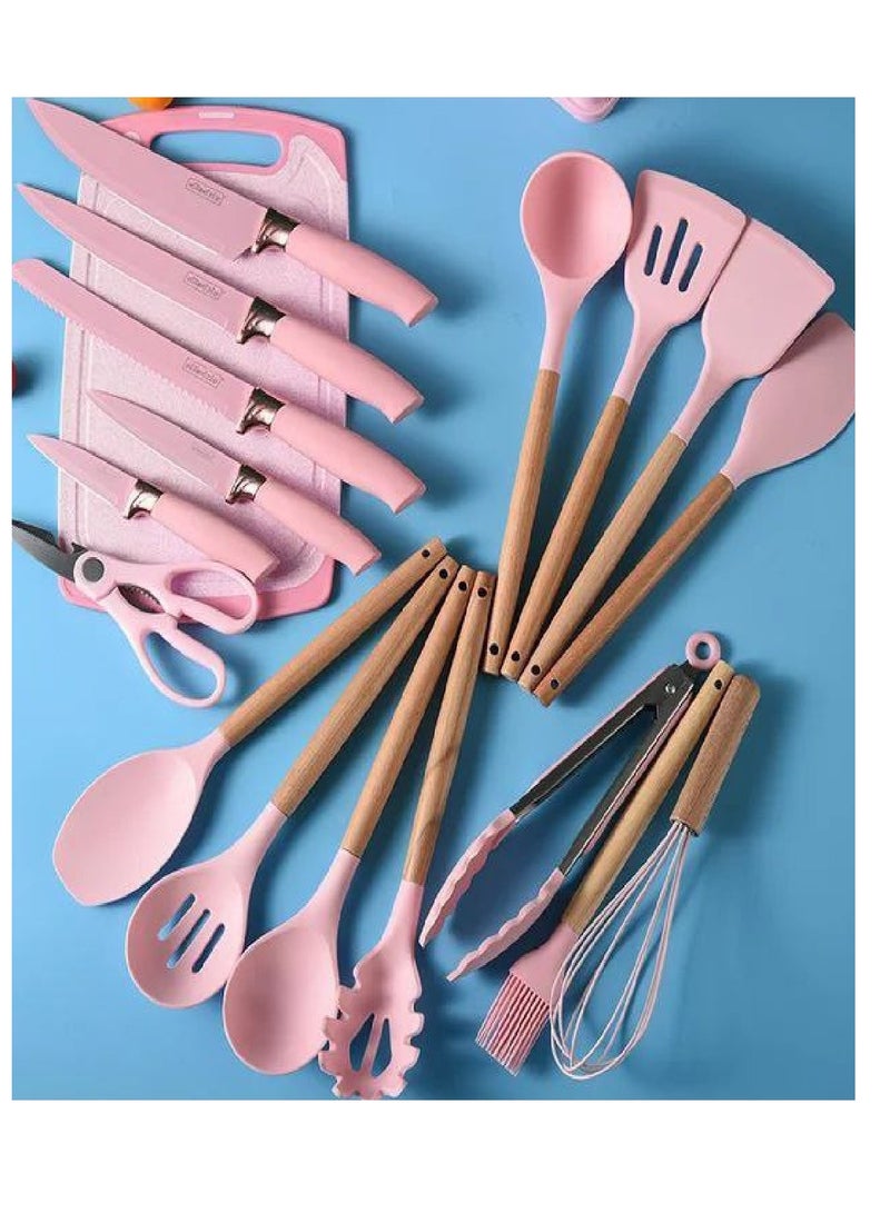 Knife and Plancha Distribution Set, Silicone Cooking Utensils with Perfect Wooden Handle Non-Stick and Heat Resistant, 19 Pieces - Image 1