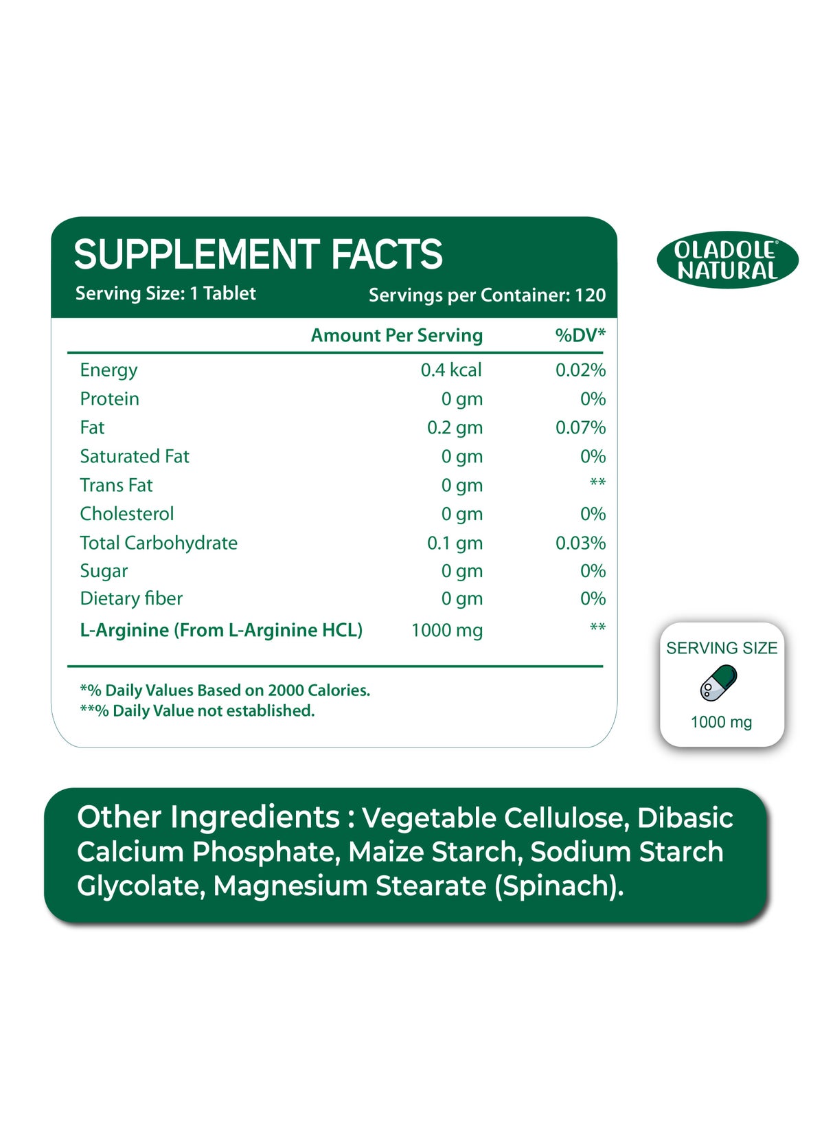 Oladole Natural Double Strength L-Arginine Tablets 1000mg 120'S
