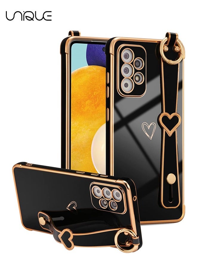يونيك متوافق مع سامسونج جالاكسي A53 5G جراب مع مسند ، فاخر لطيف تصفيح حافة قلوب الحب نمط المعصم حزام حامل الاصبع للبنات النساء ، جراب لينة للصدمات ل Galaxy A53 6.5 بوصة ، أسود - Image 1