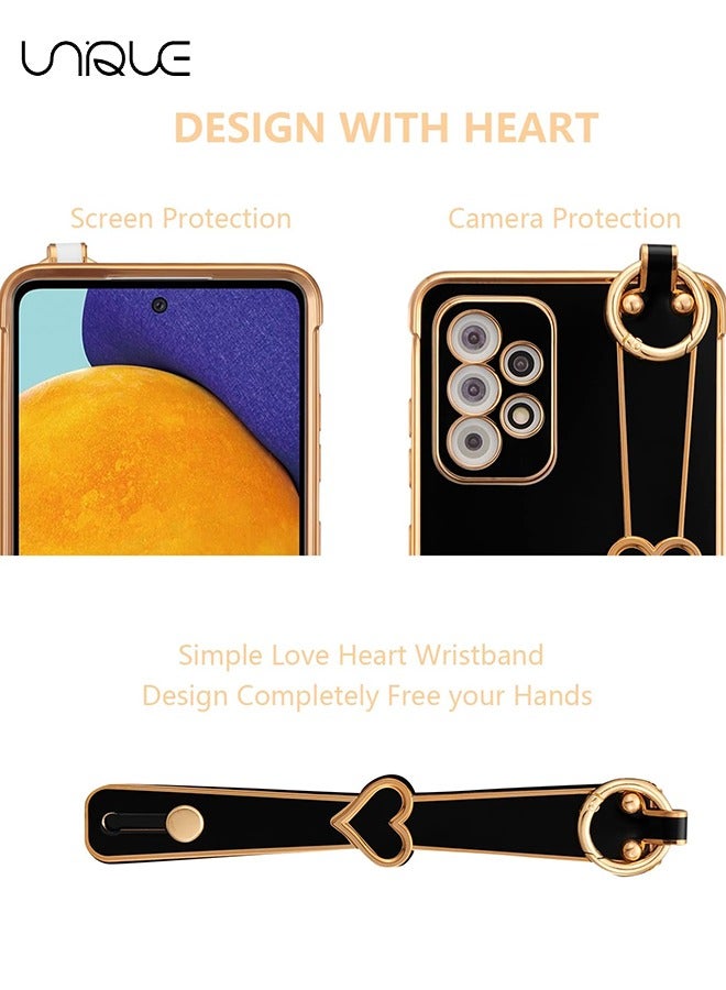 يونيك متوافق مع سامسونج جالاكسي A53 5G جراب مع مسند ، فاخر لطيف تصفيح حافة قلوب الحب نمط المعصم حزام حامل الاصبع للبنات النساء ، جراب لينة للصدمات ل Galaxy A53 6.5 بوصة ، أسود - Image 2