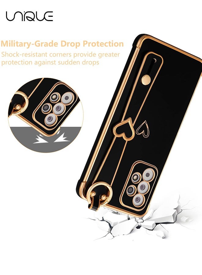 يونيك متوافق مع سامسونج جالاكسي A53 5G جراب مع مسند ، فاخر لطيف تصفيح حافة قلوب الحب نمط المعصم حزام حامل الاصبع للبنات النساء ، جراب لينة للصدمات ل Galaxy A53 6.5 بوصة ، أسود - Image 3