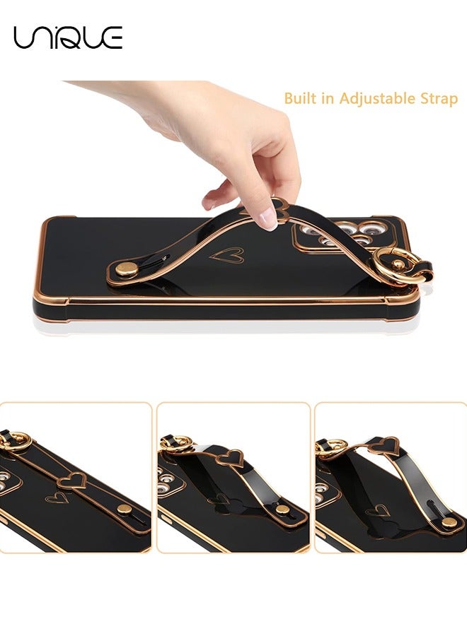 يونيك متوافق مع سامسونج جالاكسي A53 5G جراب مع مسند ، فاخر لطيف تصفيح حافة قلوب الحب نمط المعصم حزام حامل الاصبع للبنات النساء ، جراب لينة للصدمات ل Galaxy A53 6.5 بوصة ، أسود - Image 4