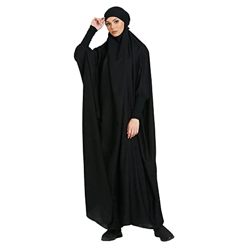 khalat Women's Solid Abaya Muslim Dress One-Piece Full Length Prayer Robe Overall Hijab Thobe Hooded Abaya Dress Black - Image 4