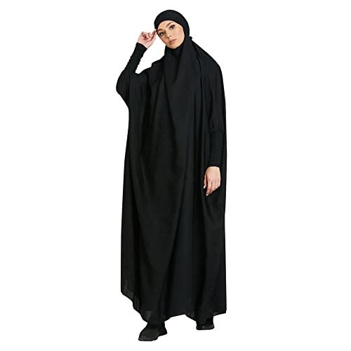 khalat Women's Solid Abaya Muslim Dress One-Piece Full Length Prayer Robe Overall Hijab Thobe Hooded Abaya Dress Black - Image 1