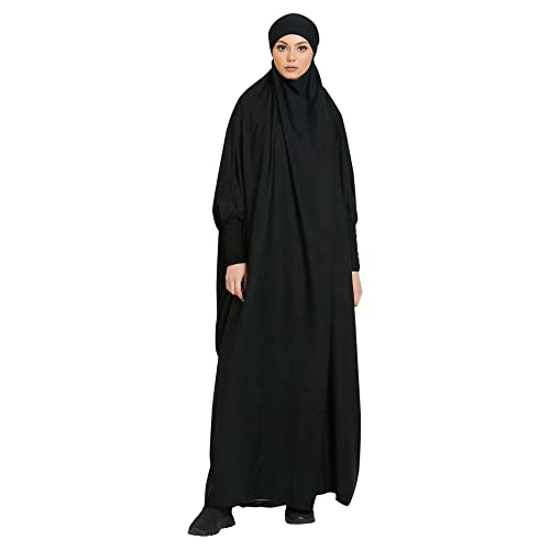 khalat Women's Solid Abaya Muslim Dress One-Piece Full Length Prayer Robe Overall Hijab Thobe Hooded Abaya Dress Black - Image 2