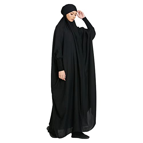 khalat Women's Solid Abaya Muslim Dress One-Piece Full Length Prayer Robe Overall Hijab Thobe Hooded Abaya Dress Black - Image 3