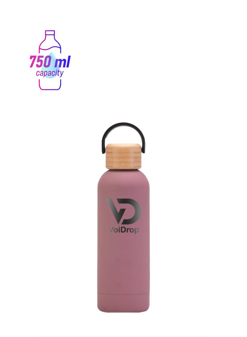 Insulated Water Bottle 750ML Leak Proof Thermos Water Bottle with Bamboo Lid and silicon Ring Reusable Insulated Stainless Steel Water Bottle, 25oz (Mate Brownish Pink)  - Image 1