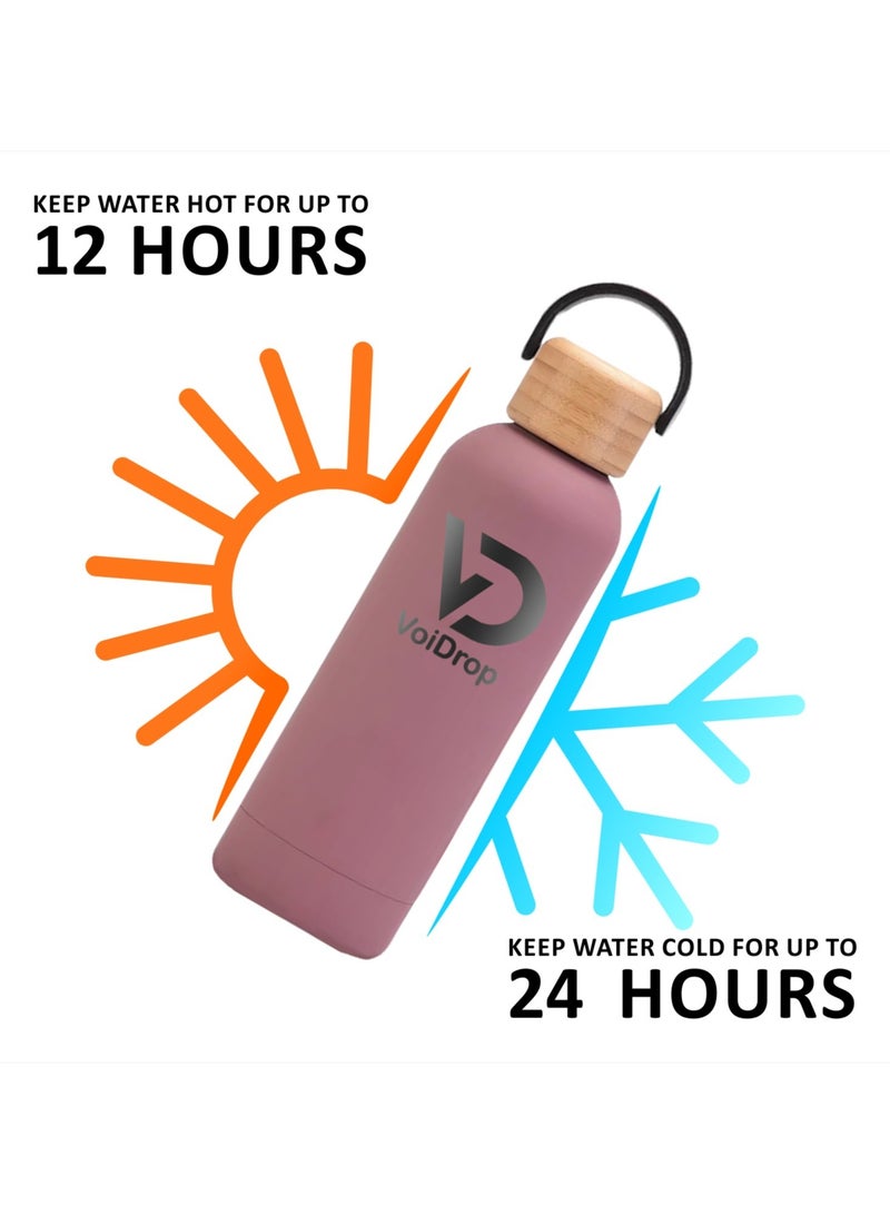 Insulated Water Bottle 750ML Leak Proof Thermos Water Bottle with Bamboo Lid and silicon Ring Reusable Insulated Stainless Steel Water Bottle, 25oz (Mate Brownish Pink)  - Image 4