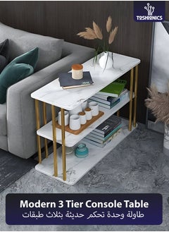 Toshionics Modern 3-Tier Slim Console Table White MDF Veneer Finish & Gold Metal Frame Slim Sofa Side Table TV Cabinet with Open Storage Shelf Multi-Functional Coffee Table End Table Nightstand Study Desk for Living Room Bedroom Small Spaces Apartments Hotels Spa and Salon Reception Areas  - Image 1