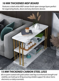 Toshionics Modern 3-Tier Slim Console Table White MDF Veneer Finish & Gold Metal Frame Slim Sofa Side Table TV Cabinet with Open Storage Shelf Multi-Functional Coffee Table End Table Nightstand Study Desk for Living Room Bedroom Small Spaces Apartments Hotels Spa and Salon Reception Areas  - Image 2