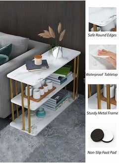 Toshionics Modern 3-Tier Slim Console Table White MDF Veneer Finish & Gold Metal Frame Slim Sofa Side Table TV Cabinet with Open Storage Shelf Multi-Functional Coffee Table End Table Nightstand Study Desk for Living Room Bedroom Small Spaces Apartments Hotels Spa and Salon Reception Areas  - Image 4