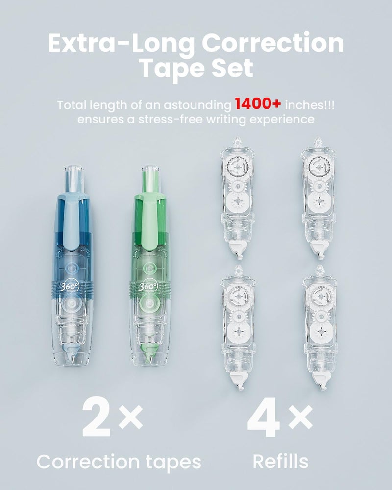 Four Candies Refillable Retractable White Correction Tape, 2PCS White Cute Smooth Push Pull Out Tape with 4 Extra Refills, Aesthetic Pen Shaped Applicator for School Office Supplies (Blue Green) - Image 3