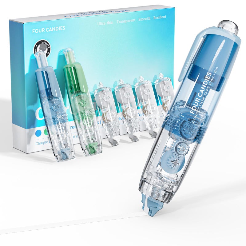 Four Candies Refillable Retractable White Correction Tape, 2PCS White Cute Smooth Push Pull Out Tape with 4 Extra Refills, Aesthetic Pen Shaped Applicator for School Office Supplies (Blue Green) - Image 1