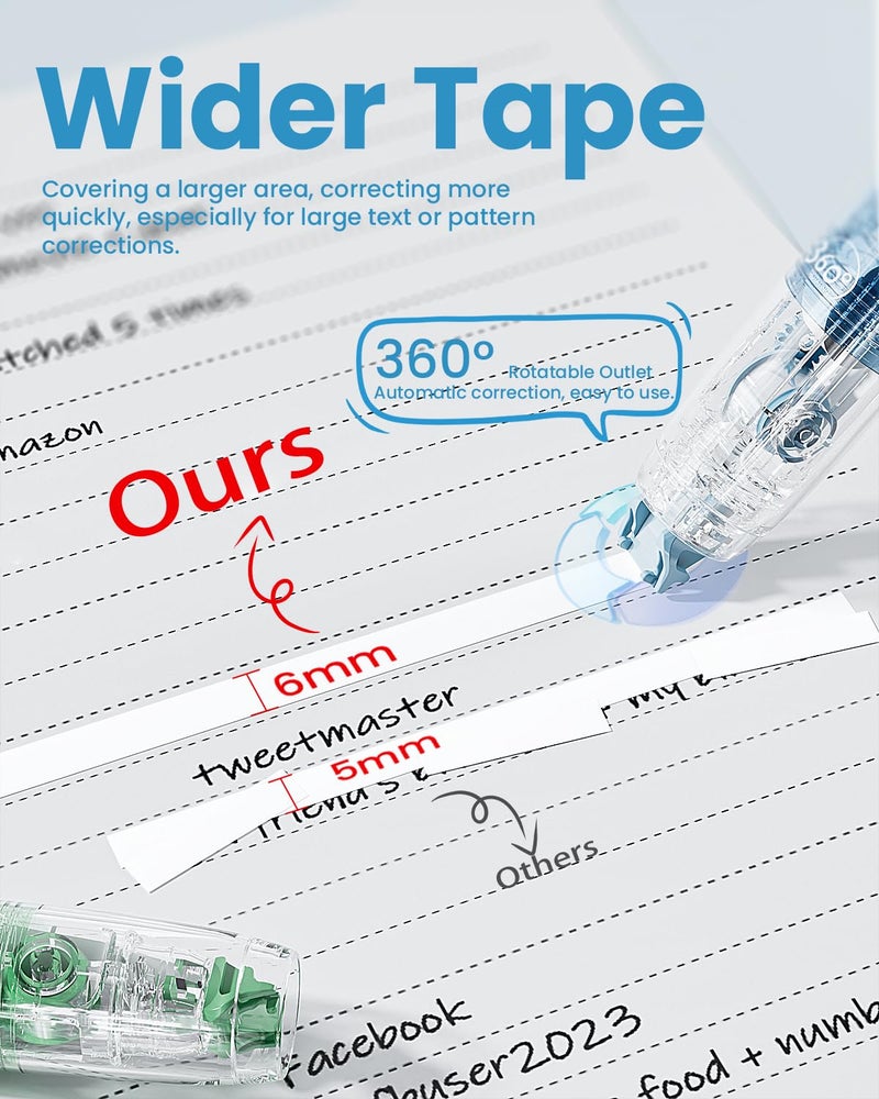 Four Candies Refillable Retractable White Correction Tape, 2PCS White Cute Smooth Push Pull Out Tape with 4 Extra Refills, Aesthetic Pen Shaped Applicator for School Office Supplies (Blue Green) - Image 2