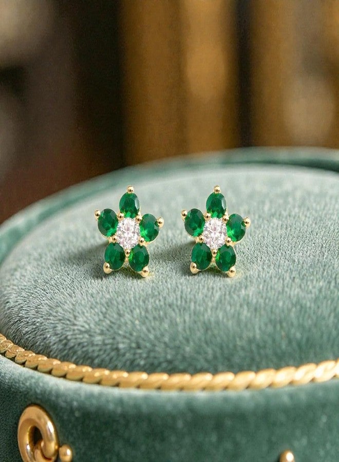 ACCESSHER Women's & Girls Trendy Gold Plated Green Floral Crystal Stud Earrings Sparkling Ear Studs Tops Lightweight Earrings Jewellery for Wedding, Anniversary & Gifting - Image 3
